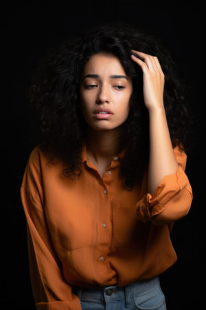 shot of a young woman looking stressed out against a studio backgroundの素材