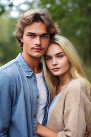 portrait of a handsome young man standing arm in arm with his girlfriend outdoorsの素材