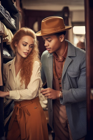 shot of a beautiful young woman helping her male friend pick out clothes in a vintage clothing storeの素材