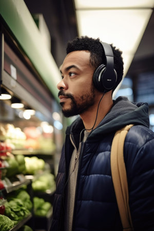 shot of a man wearing headphones while shoppingの素材
