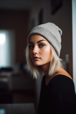 shot of a young woman wearing a beanie cap at homeの素材
