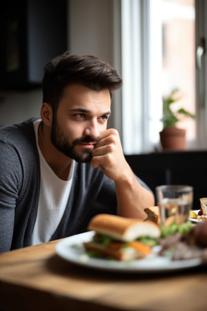 closeup shot of a man having lunch at homeの素材