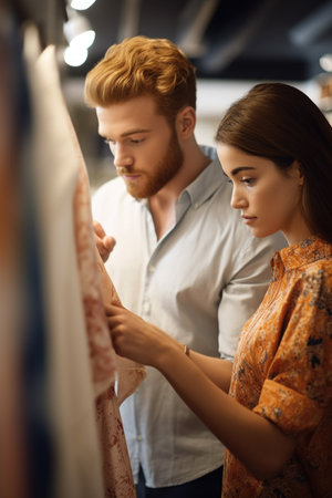 shot of a young couple browsing through fabric in a boutiqueの素材
