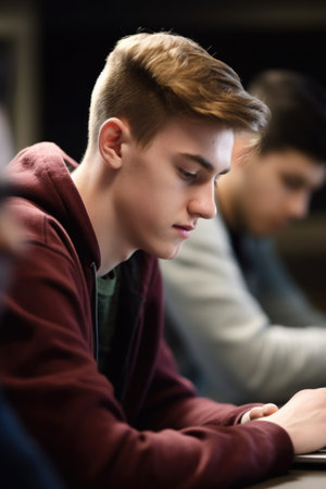 closeup shot of a young man using a laptop in classの素材
