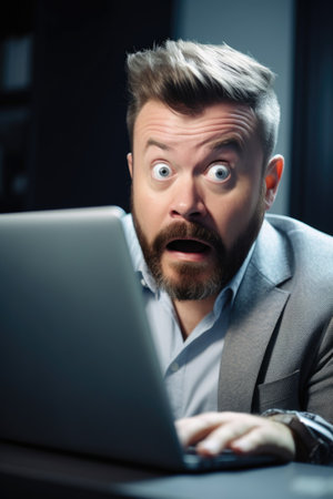 cropped shot of a man looking astonished while checking his laptop in the officeの素材