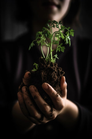 cropped shot of an unrecognizable student holding a plant growing out of soilの素材