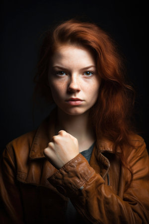 portrait of a young woman raising her fist in defianceの素材