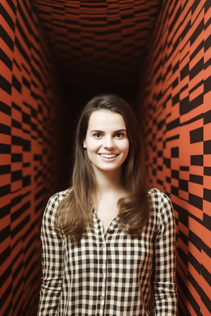 portrait of a happy young woman standing in front of an optical illusionの素材