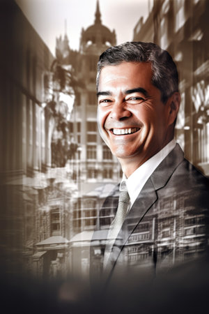 multiple exposure portrait of a smiling businessman superimposed over an architectural modelの素材