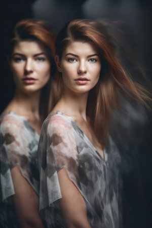 multiple exposure blurred shot of a beautiful woman standing against a gray backgroundの素材