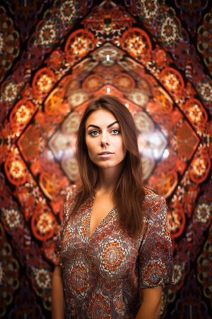 portrait of a beautiful young woman posing against a kaleidoscopic backgroundの素材