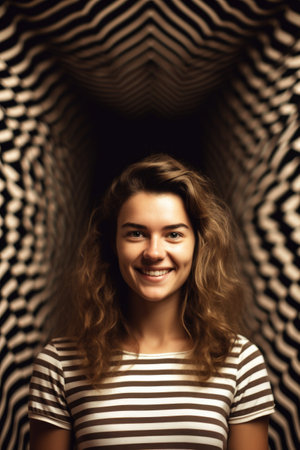 portrait of a happy young woman standing in front of an optical illusionの素材