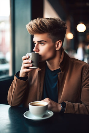 shot of a handsome young man drinking coffee in a cafeの素材