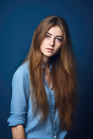studio shot of a beautiful young woman with long hair posing against a blue backgroundの素材