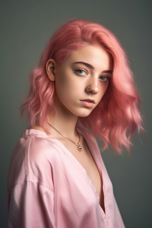 studio shot of a beautiful young woman with pink hairの素材