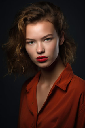studio portrait of a trendy young woman with red lips against a grey backgroundの素材