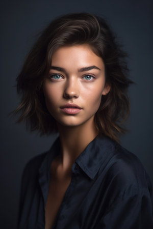 studio shot of a beautiful young woman posing against a grey backgroundの素材
