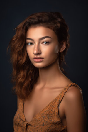 studio shot of a beautiful young woman posing against a grey backgroundの素材