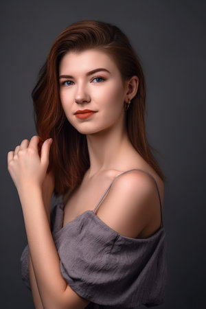 studio shot of a beautiful young woman posing against a gray backgroundの素材