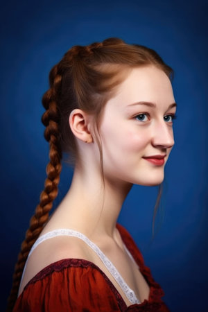 studio portrait of a beautiful young woman with braided hair against a blue backgroundの素材