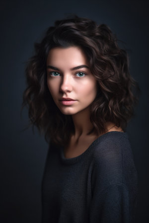 studio shot of an attractive young woman posing against a grey backgroundの素材