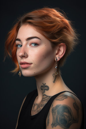studio shot of a beautiful young woman with piercings posing against a gray backgroundの素材