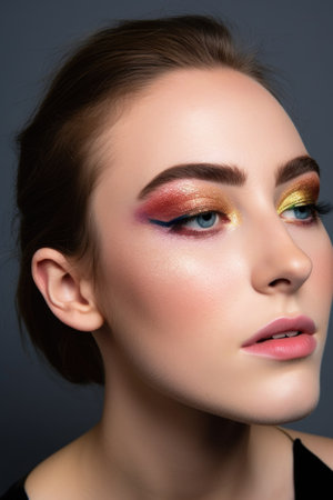 studio shot of a young woman with colorful eye shadow on her eyelids posing against a grey backgroundの素材