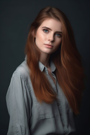 studio shot of a beautiful young woman posing against a gray backgroundの素材