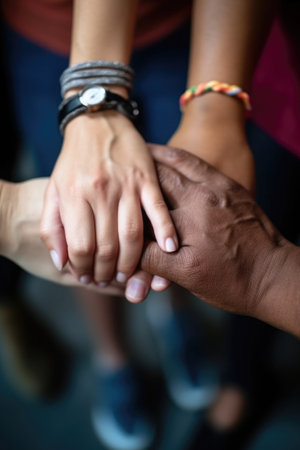 closeup shot of a group of people holding hands in support togetherの素材