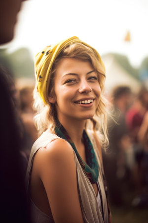 portrait of a young woman enjoying the music at a festivalの素材