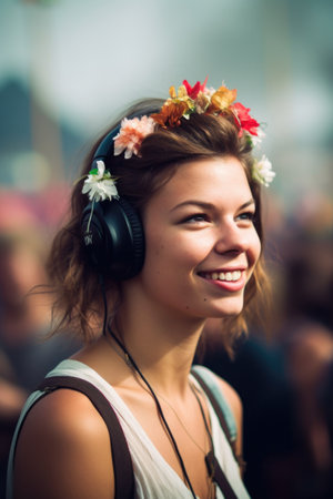 portrait of a young woman enjoying the music at a festivalの素材