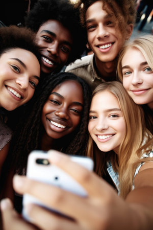 cropped shot of a group of young people taking selfies at an eventの素材