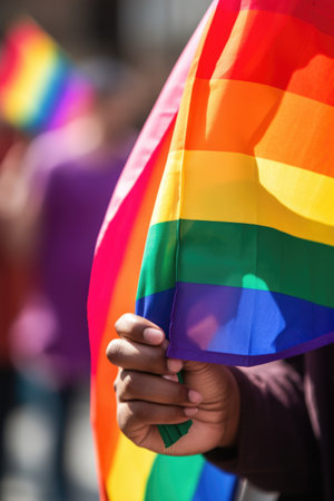cropped shot of an unrecognizable person holding a rainbow flag at the pride festivalの素材
