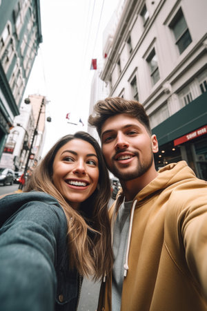 shot of a young man and woman taking a selfie on the streets of san franciscoの素材