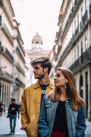a young couple on a tour of the cityの素材