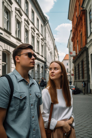 a young couple on a tour of the cityの素材