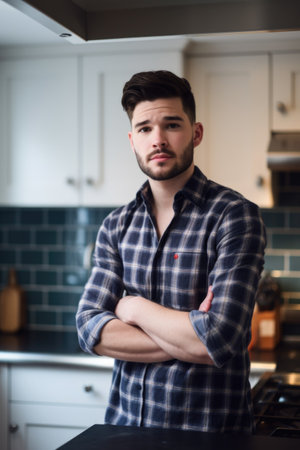 portrait of a confident young man standing in his kitchen at homeの素材