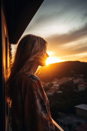 shot of a young woman admiring the view at sunsetの素材