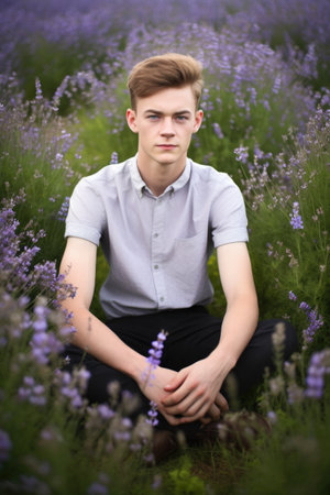 portrait of a young man sitting on a field surrounded by lavender flowersの素材