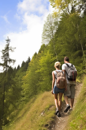 rear view of a young couple hiking up a hill in the forestの素材
