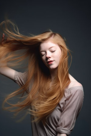 shot of a young woman twirling her hair against a grey backgroundの素材