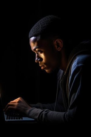 shot of a young man using his laptop in the darkの素材