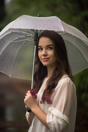portrait of a young woman holding an umbrella in the rainの素材