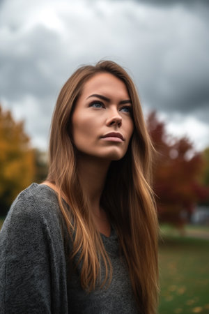 an attractive young woman standing outside in a park during the day and looking at gray cloudsの素材