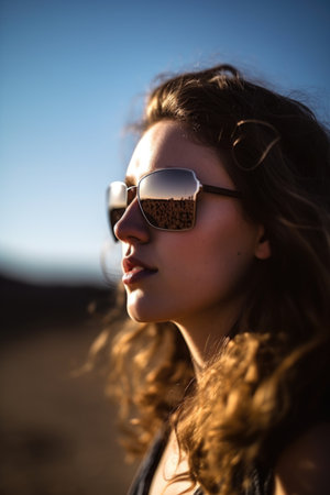 shot of a young woman wearing sunnies and looking in the distanceの素材