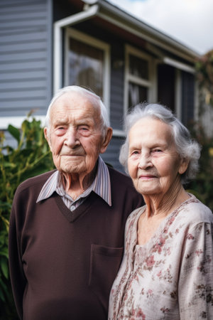 a portrait of an elderly couple standing outside their homeの素材