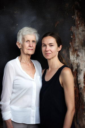 portrait of a young woman and her senior mother standing outside against a burnt backgroundの素材