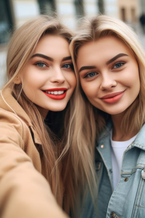 two female friends taking a selfie togetherの素材