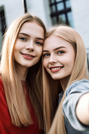 two female friends taking a selfie togetherの素材