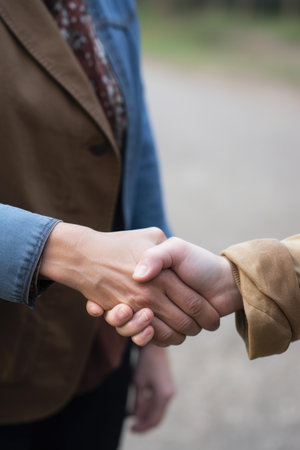 shot of two people shaking hands together outsideの素材